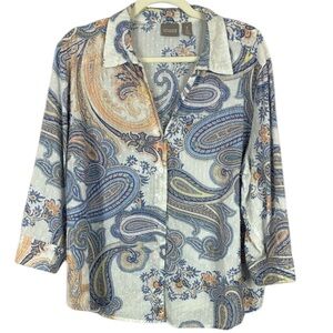 Chico's Dotted Swiss Semi-Sheer Blue, Coral & White Paisley 3/4 Sleeve Blouse 3